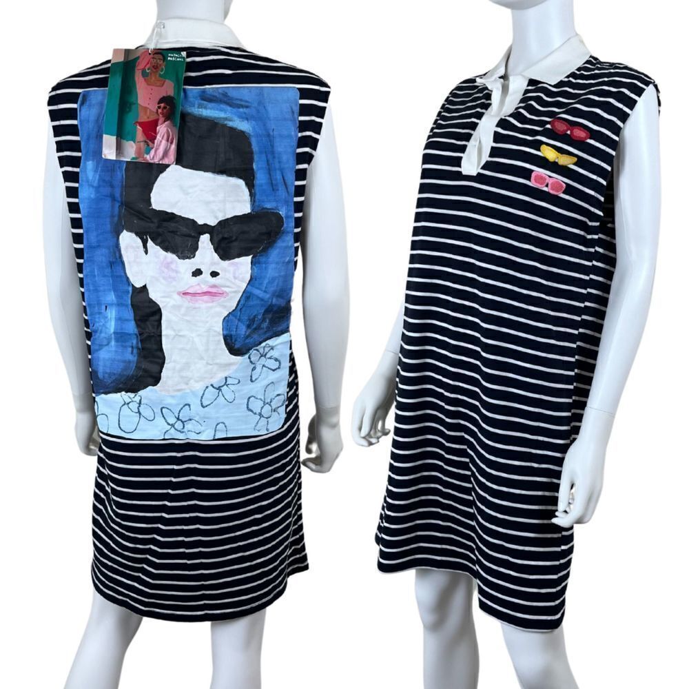 Zara Womens Size S Natacha Paschal Blue White Stripe Shirt NEW Dress Art to Wear